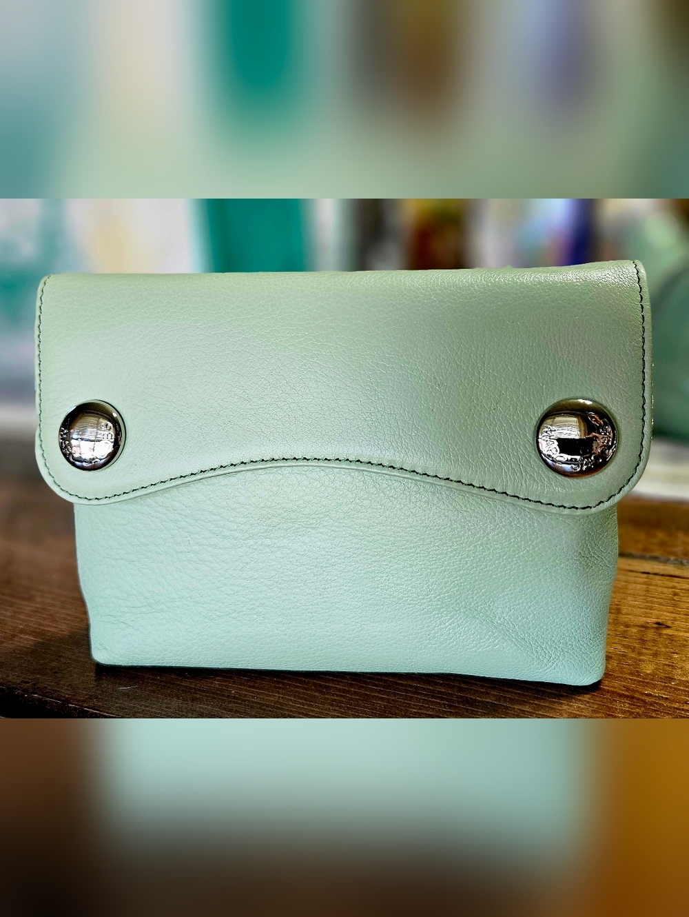 Marc Jacobs Mint Green Leather Wristlet Clutch with Silver Snap Hardware